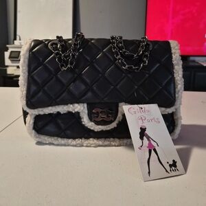 NWT Gilda Paris Quilted Fur Baguette Black Women's Bag.